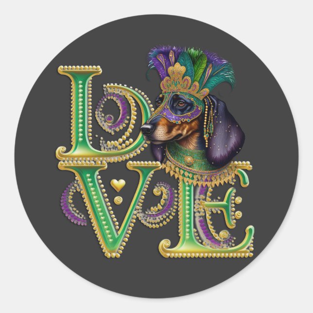 Mardi Gras Dachshund Word LOVE Masquerade  Classic Round Sticker (Front)