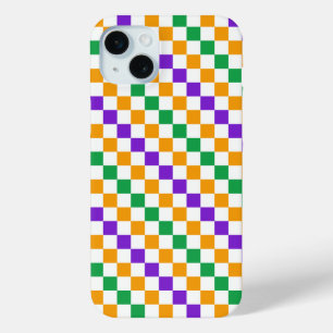 Mardi gras diagonal checkerboard pattern iPhone 15 plus case