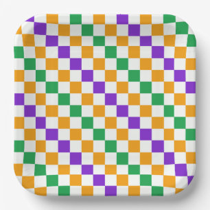 Mardi gras diagonal checkerboard pattern paper plates