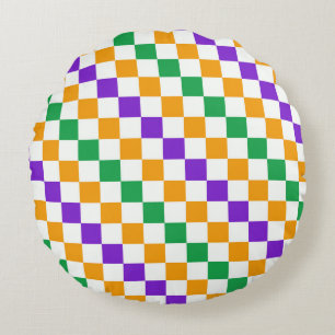 Mardi gras diagonal checkerboard pattern round pillow