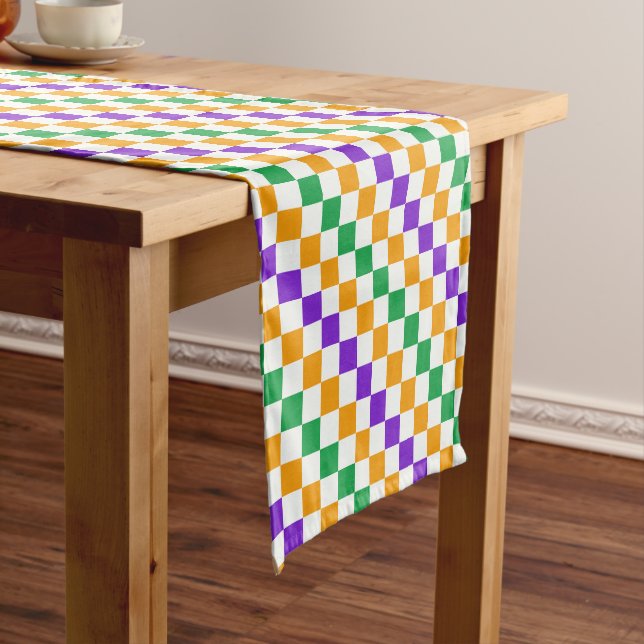 Mardi gras diagonal checkerboard pattern short table runner (In Situ)