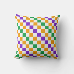 Mardi gras diagonal checkerboard pattern throw pillow