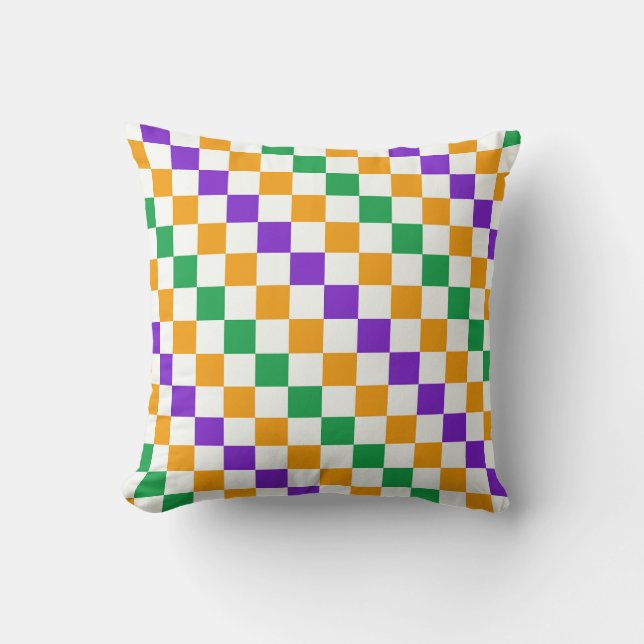 Mardi gras diagonal checkerboard pattern throw pillow (Front)