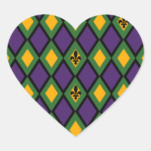 Mardi Gras Diamond Pattern With Fleur De Lis Heart Sticker