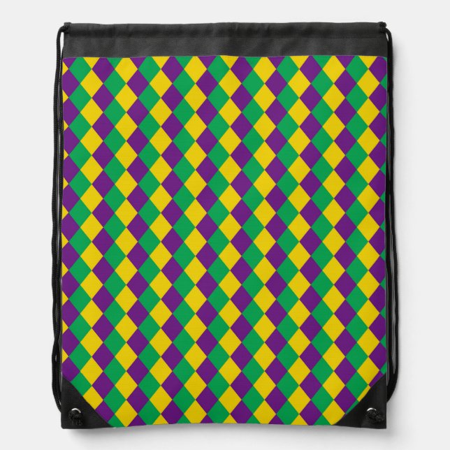 Mardi Gras Diamonds: Vibrant Festive Pattern Drawstring Bag (Front)