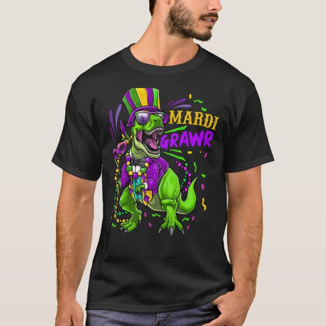 Mardi Gras Dinosaur T Rex Funny Mardi Grawr Boys K T-Shirt (Front)