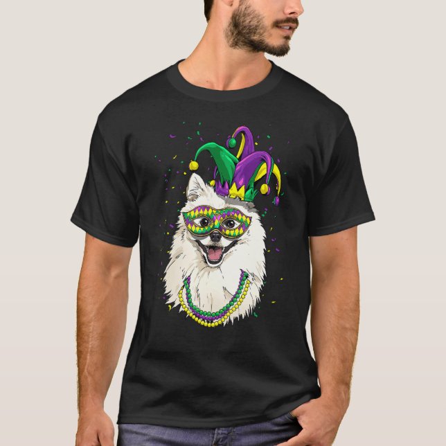 Mardi Gras Dog Carnival American Eskimo Jester Pet T-Shirt (Front)