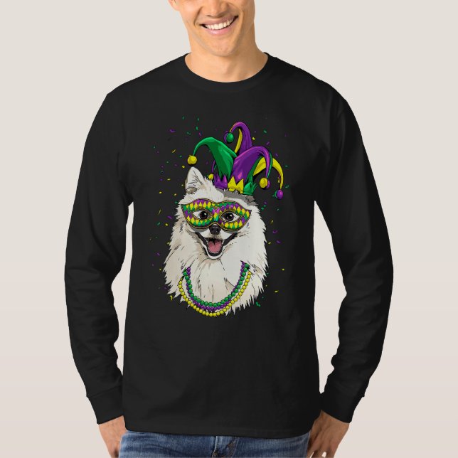 Mardi Gras Dog Carnival American Eskimo Jester Pet T-Shirt (Front)