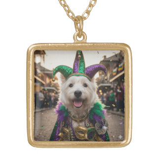 Mardi Gras Dog Jester Costume Gold Plated Necklace