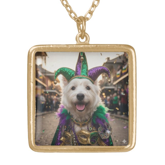 Mardi Gras Dog Jester Costume Gold Plated Necklace (Front)