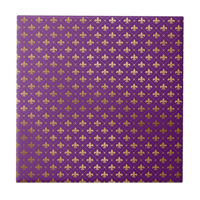 Mardi Gras Elegant Golden Fleur De Lis Squares Ceramic Tile (Front)