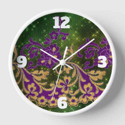 Mardi Gras Embroidery Floral Bold Numbers Clock