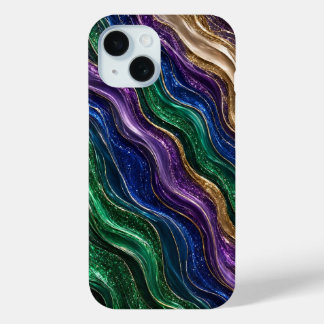Mardi Gras Emerald and Purple Fluid Marble Gold Li iPhone 15 Case
