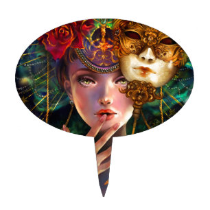 Mardi Gras Fancy Surreal Masquerade Mask Girl Art Cake Topper