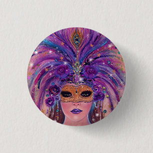 Mardi Gras fantasy woman in mask by Renee Lavoie Button