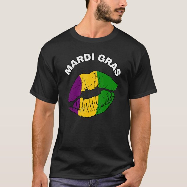 Mardi Gras Fat Tuesday Carnival Lips Kiss Flag T-Shirt (Front)