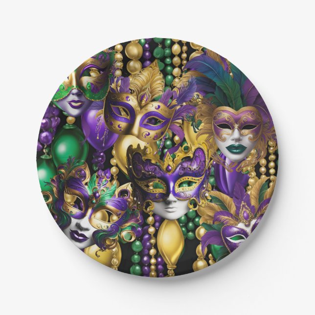 Mardi Gras Fat Tuesday Green Purple Masks Beads Paper Plates (Front)