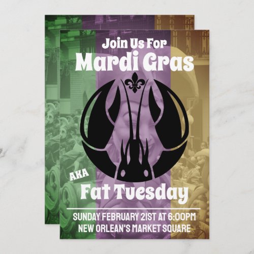 Mardi Gras Fat Tuesday Purple Gold Green Crawfish Invitation