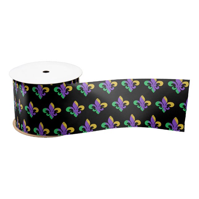 Mardi Gras Fat Tuesday Purple Green Fleur De Lis Satin Ribbon (Spool)