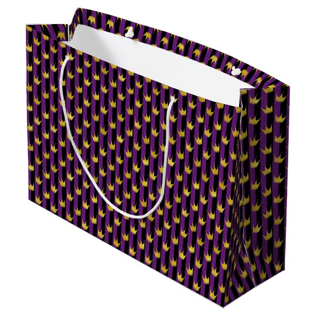 Mardi Gras Faux Gold Crowns Purple Black Stripes Large Gift Bag (Back Angled)