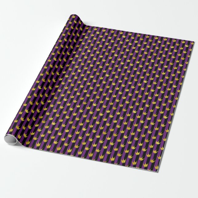 Mardi Gras Faux Gold Crowns Purple Black Stripes Wrapping Paper (Unrolled)