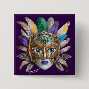 Mardi Gras Feather and Metal Mask Button