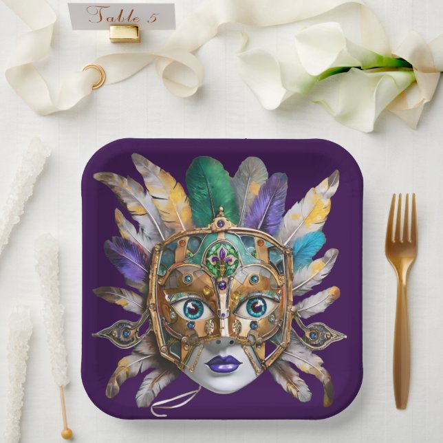 Mardi Gras Feather and Metal Mask Paper Plates (Wedding)