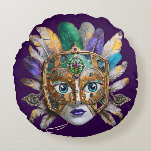 Mardi Gras Feather and Metal Mask Round Pillow