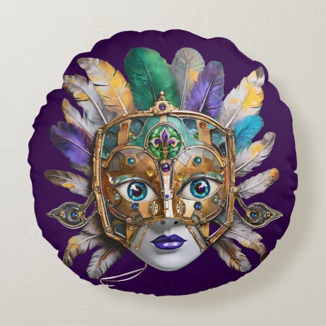 Mardi Gras Feather and Metal Mask Round Pillow (Front)