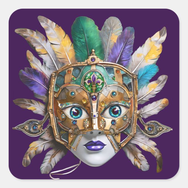 Mardi Gras Feather and Metal Mask Square Sticker (Front)