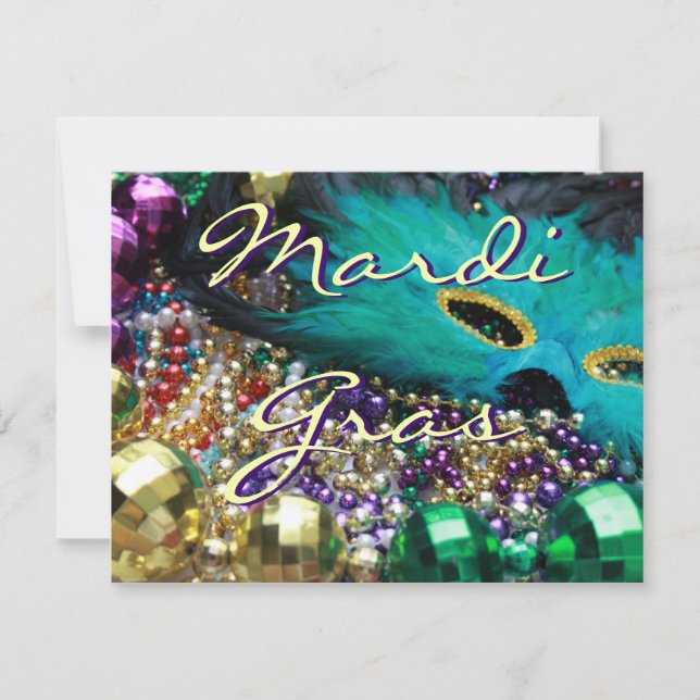 Mardi Gras Feather Mask & Beads Custom Invitations (Front)