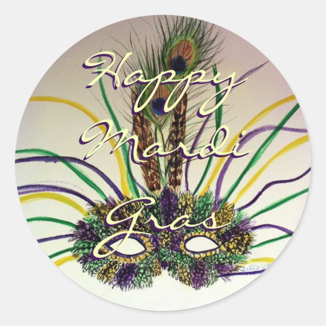 Mardi Gras Feather Mask Personalized Seal Stickers (Front)