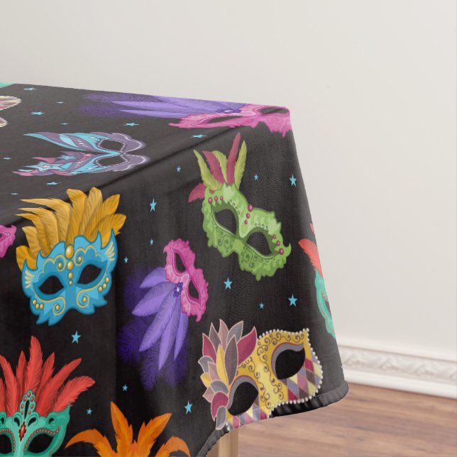 Mardi Gras Feather Mask Purple Green Blue Star Tablecloth (In Situ)