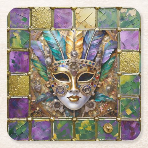 Mardi Gras Feather Mask Square Paper Coaster