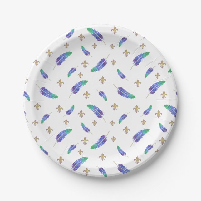 Mardi Gras Feathers and Fleur de Lis Pattern Paper Plates (Front)