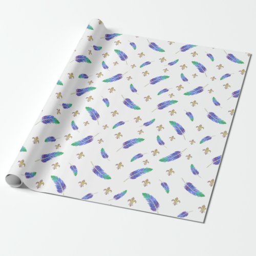 Mardi Gras Feathers and Fleur de Lis Pattern Wrapping Paper