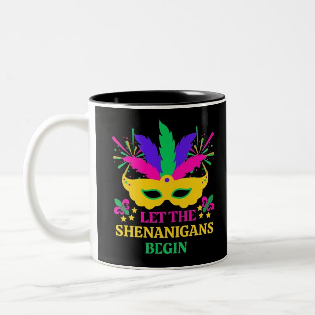 Mardi Gras Festival Let The Shenganins Begin Two-Tone Coffee Mug (Left)