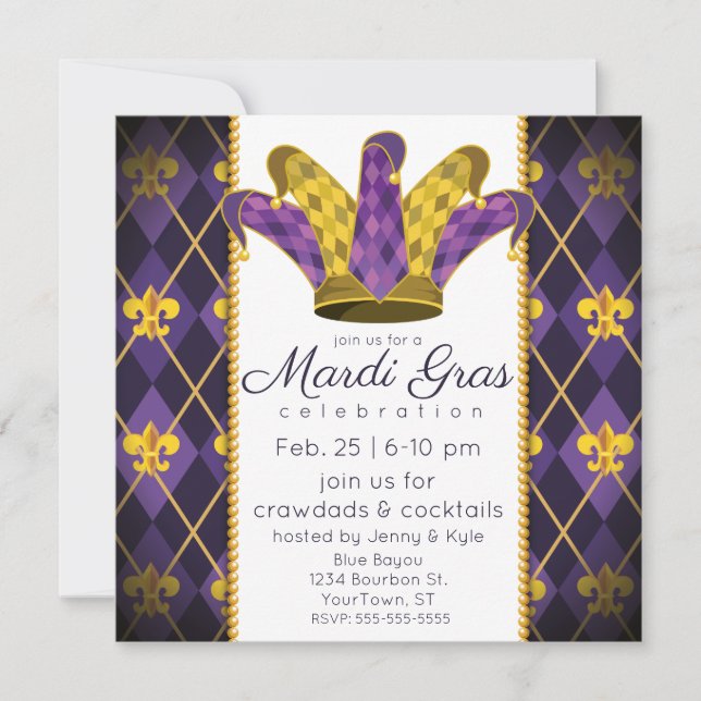 Mardi Gras fleur-de-lis Argyle Jester Hat Invitation (Front)