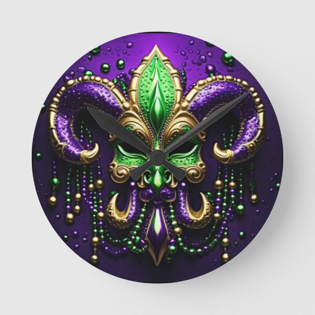 Mardi Gras Fleur De Lis Design Round Clock (Front)