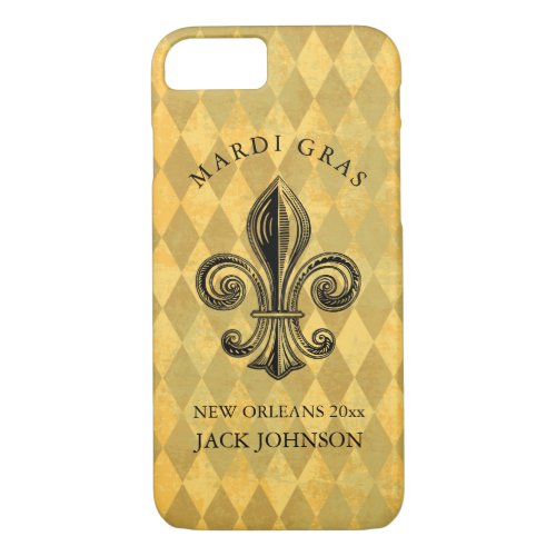 Mardi Gras Fleur_de_lis Harlequin Add Name  Year iPhone 87 Case