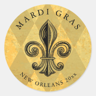 Mardi Gras Fleur-de-lis Harlequin Add Year Classic Round Sticker