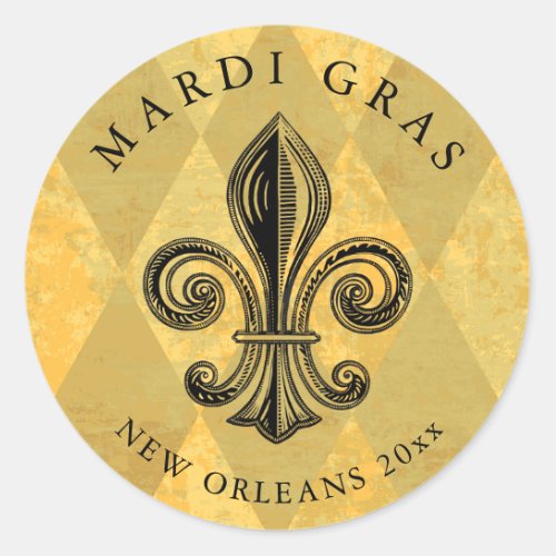 Mardi Gras Fleur_de_lis Harlequin Add Year Classic Round Sticker