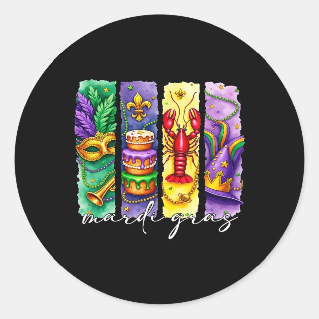 Mardi Gras Fleur De Lis Mask King Cake Crawfish Lo Classic Round Sticker (Front)