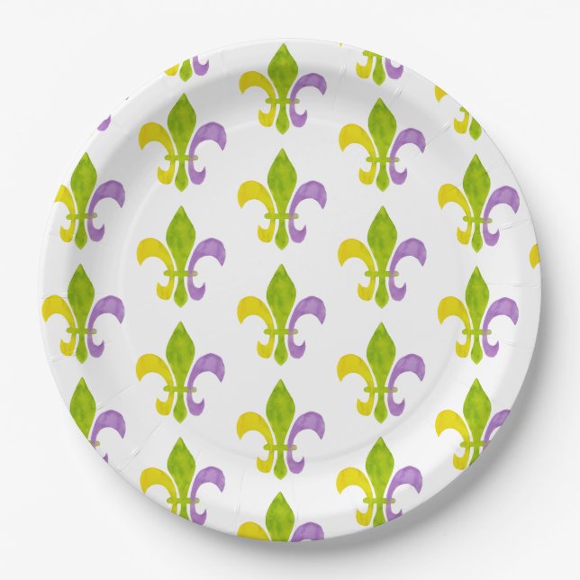 Mardi Gras Fleur de Lis on White Paper Plates (Front)