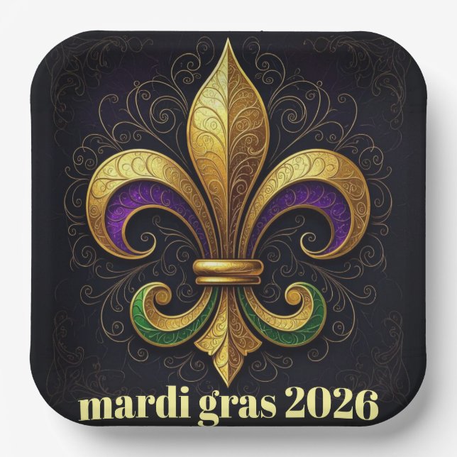 Mardi Gras Fleur de Lis Party Paper Plates (Front)
