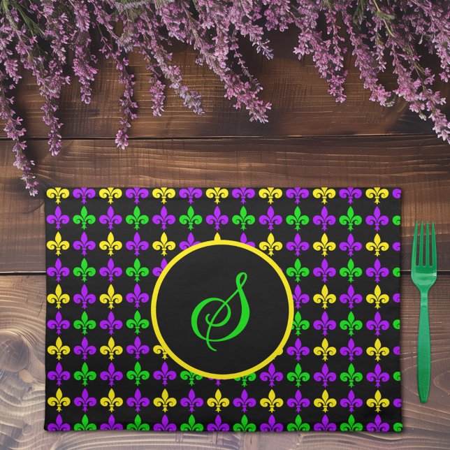 Mardi Gras Fleur de Lis Pattern Custom Monogram Cloth Placemat (Creator Uploaded)