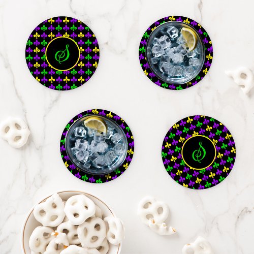 Mardi Gras Fleur de Lis Pattern Custom Monogram Coaster Set