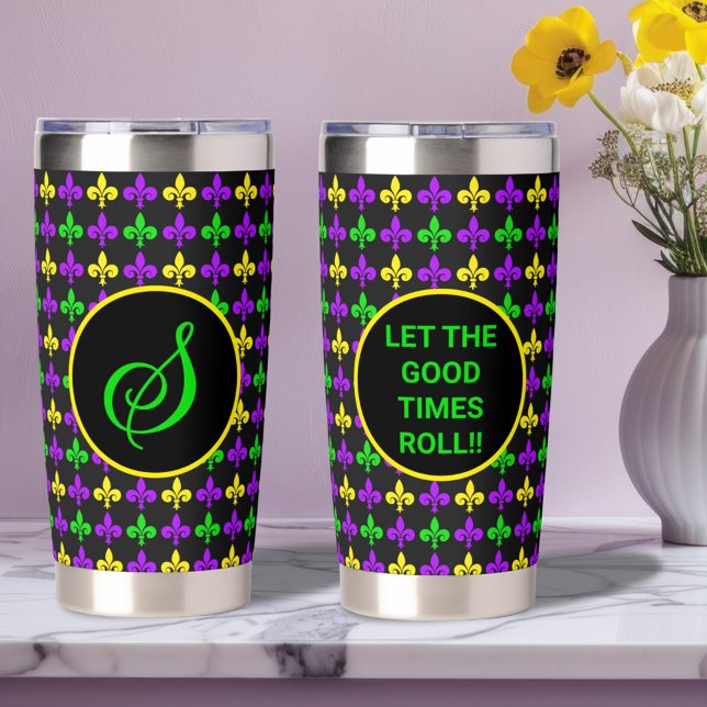 Mardi Gras Fleur de Lis Pattern Custom Monogram Insulated Tumbler (Creator Uploaded)