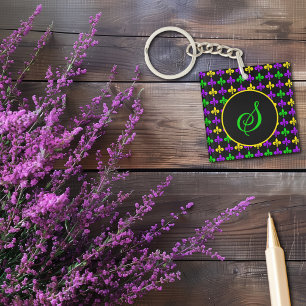 Mardi Gras Fleur de Lis Pattern Custom Monogram Keychain