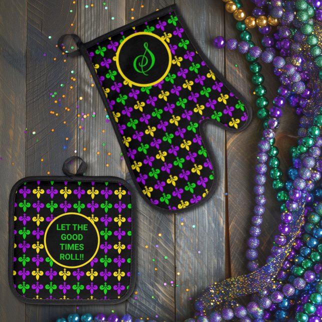 Mardi Gras Fleur de Lis Pattern Custom Monogram Oven Mitt & Pot Holder Set (Creator Uploaded)